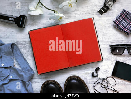 men accessories on white wooden old table background, Business themes with copy space, Top view Stock Photo