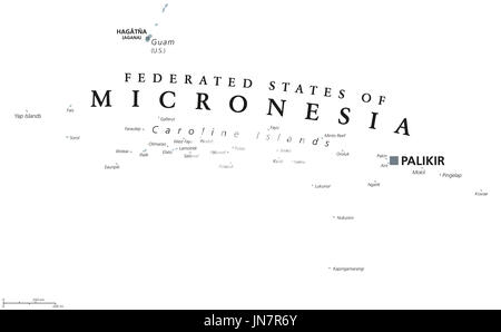 Federated States of Micronesia political map with capital Palikir. English labeling. Island Nation and a United States associated state in the Pacific Stock Photo