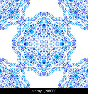 Indian seamless ornament, kaleidoscopic floral pattern, mandala. Design made in Russian gzhel style and colors. Stock Photo