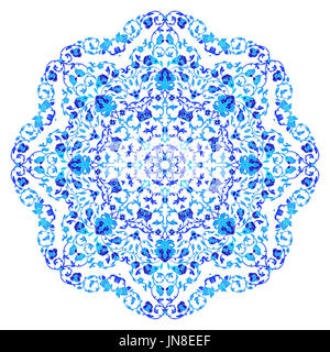 Indian ornament, kaleidoscopic floral pattern, mandala. Design made in Russian gzhel style and colors. Stock Photo