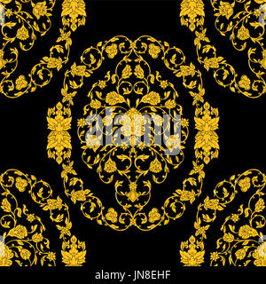 ornate seamless pattern in Eastern style on black background. Ornamental vintage design for wedding invitations and greeting cards. Traditional gold d Stock Photo