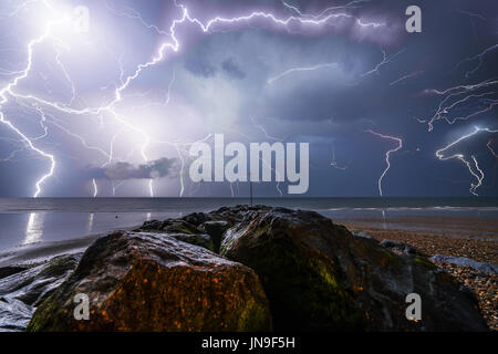 Huge electrical storm hits the UK on 18th July 2017, lighting strikes happening every second, lasting for hours into the following morning. Stock Photo