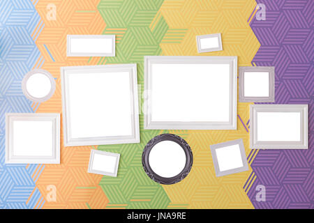 home decoration and art accessories concept - set of stylish picture frames of various sizes, square, round and rectangular, isolated on background wi Stock Photo