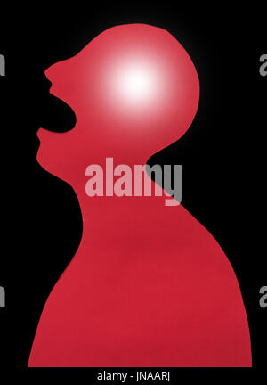 concept of human disease diagnosis and pain localization on silhouette - contour of abstract red male with fever, opened mouth and severe headache, is Stock Photo