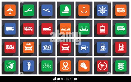 Transportation flat design vector icons. Set of airplanes, cars, trains, bus, tram, police, ship, taxi, bicycle and other travel signs in eps 10 Stock Vector