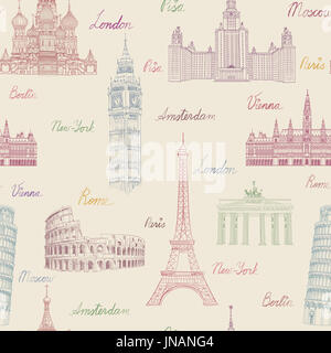 Travel seamless pattern. Vacation in Europe wallpaper. Travel to visit famous places of Europe background. Landmark tiled grunge pattern. Stock Photo