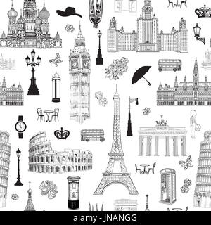 Travel seamless pattern. Vacation in Europe wallpaper. Travel to visit famous places of Europe background. Landmark tiled grunge pattern. Stock Photo