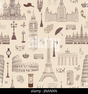 Travel seamless pattern. Vacation in Europe wallpaper. Travel to visit famous places of Europe background. Landmark tiled pattern. Stock Photo