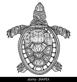 Turtle isolated. Zentangle tribal stylized turtle. Doodle vector illustration.  Psychedelic hand drawn sketch for tattoo or makhenda. Ocean animal sea Stock Photo