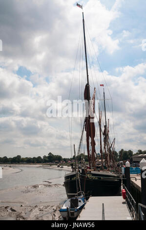 19 July 2017. The bow and rigging of the Thames Barge, Hydrogen, moored at The Hythe, Maldon in Essex, England Stock Photo