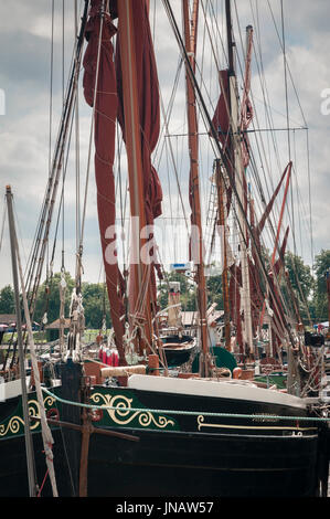 19 July 2017. The bow and rigging of the Thames Barge, Hydrogen, moored at The Hythe, Maldon in Essex, England Stock Photo