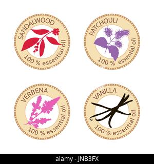 Set of flat essential oil labels. Vanilla, sandalwood, patchouli, verbena. Logo collection. Vector illustration. Brown stamps, bright silhouettes. For Stock Vector