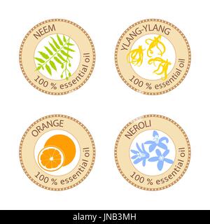 Set of flat essential oil labels. Ylang-ylang, neem, neroli, orange. Logo collection. Vector illustration. Brown stamps, bright silhouettes. For stick Stock Vector