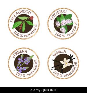 Set of essential oils labels. Sandalwood, patchouli, verbena, vanilla Stock Vector