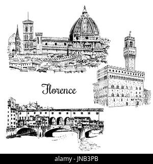 set of Florence Ponte Vecchio bridge in , Italy. Vector hand drawn sketch Stock Vector