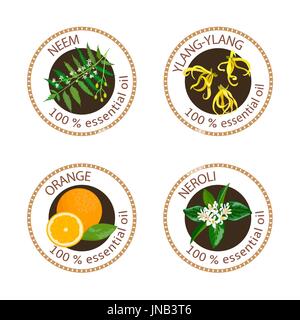 Set of essential oils labels. Ylang-ylang, neem, neroli, orange Stock Vector