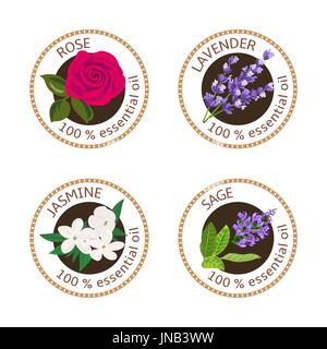 Set of essential oils labels. Rose, Sage, Lavender, jasmine Stock Vector
