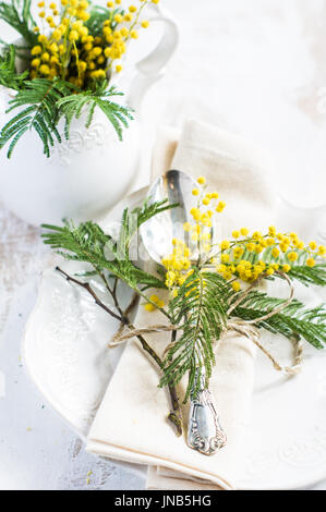 Spring festive dining table setting with yellow mimosa flowers Stock Photo