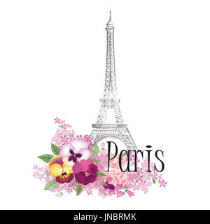 Paris sign. French famous landmark Eiffel tower. Travel France label. Paris architectural icon with lettering Stock Photo