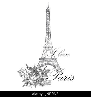 Paris sign. French famous landmark Eiffel tower. Travel France label. Paris architectural icon with lettering Stock Photo