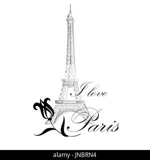 Paris sign. French famous landmark Eiffel tower. Travel France label. Paris architectural icon with lettering Stock Photo