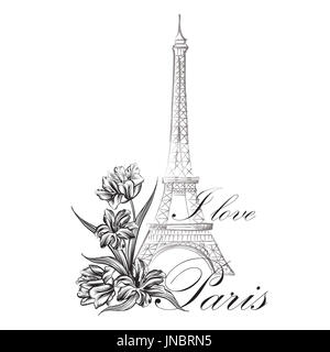 Paris sign. French famous landmark Eiffel tower. Travel France label. Paris architectural icon with lettering Stock Photo