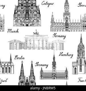 Travel seamlss pattern. Visit Germany background with sketch beer mugs. Famous german buildings and landmarks. Vector illustration Stock Photo