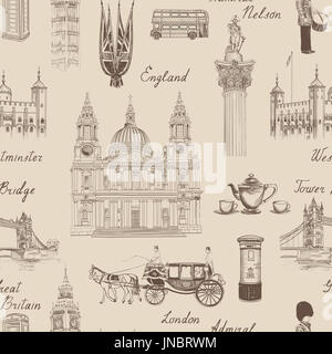 London landmark seamless pattern. Doodle travel Europe sketchy lettering. Famous architectural monuments  and symbols. England vintage icons vector te Stock Photo