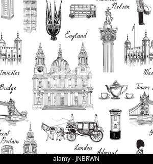 London landmark seamless pattern. Doodle travel Europe sketchy lettering. Famous architectural monuments  and symbols. England vintage icons vector te Stock Photo