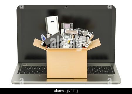Online Shopping concept with laptop and cardboard box full of home appliances, 3D rendering Stock Photo