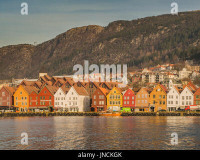 Historic colorful, wooden warehouses on Bryggen Wharf, Bergen, Norway, Scandinavia, Europe Stock Photo
