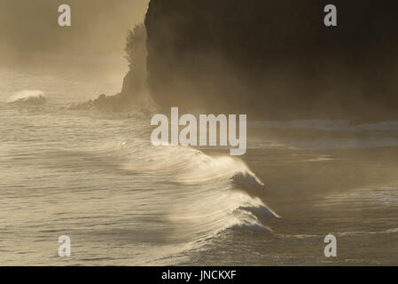 Wave breaking on the coast at Pololu Valley, North Kohala, Big Island of Hawaii. Stock Photo