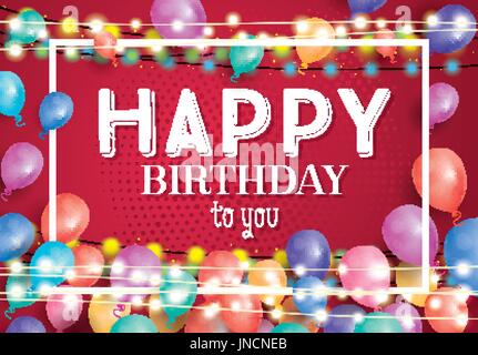 Happy Birthday Card with Flying Balloons and White Frame. Vector Illustration. Stock Vector