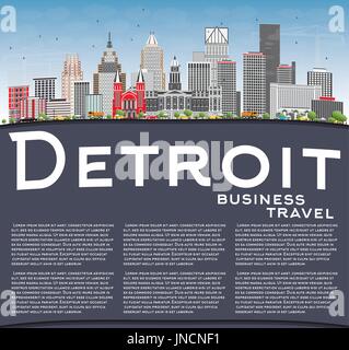 Detroit Skyline with Gray Buildings, Blue Sky and Copy Space. Vector Illustration. Business Travel and Tourism Concept with Modern Architecture. Stock Vector