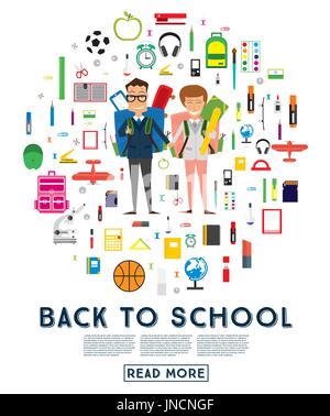 Smiling Young School Boy and Girl in Uniform with Backpack and Supplies. Vector Illustration. Back to School Concept. Stock Vector