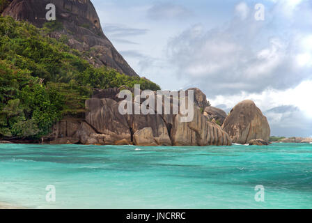 La Digue a granite island of the Seychelles archipelago includes magnificent rock formations and amazing beaches like Anse Source d'Argent. Stock Photo