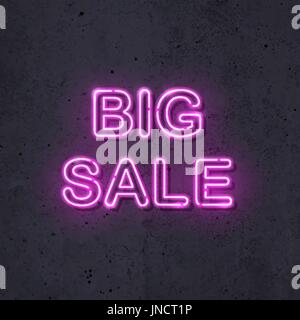 Sale neon icon Vector illustration Neon inscription Big sale in lilac color on a concrete wall background Trendy design and text effect Stock Vector