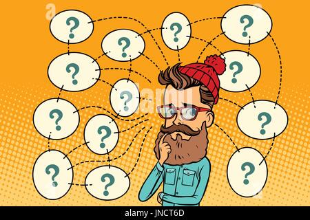 Hipster solves the problem, questions and reflections. Comic book cartoon pop art retro color illustration drawing Stock Vector