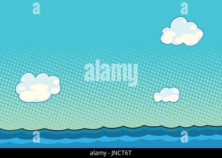 marine landscape with sea and clouds. Comic book cartoon pop art retro color illustration drawing Stock Vector