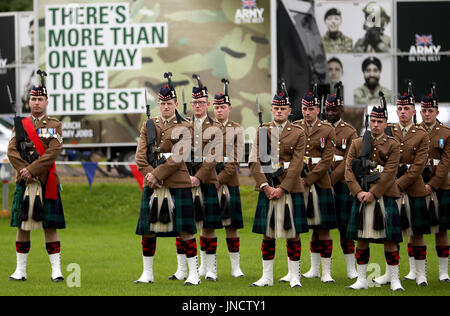 Soldiers from The Royal Regiment of Scotland Black Watch (3 SCOTS) during a parade and service in Crieff, Perthshire, to mark the 100-year commemoration of the Battle of Passchendaele. Stock Photo