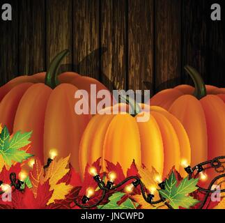 Autumn leaves and pumpkins on wooden texture Stock Vector