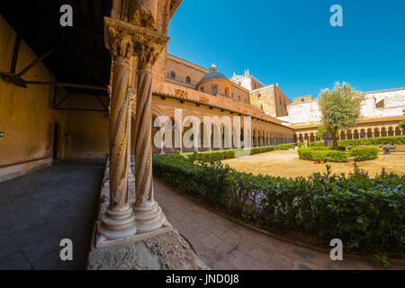 Courtyard of the UNESCO Santa Maria Nuova Cathedral, Monreale, Palermo, Sicily, Italy. Stock Photo