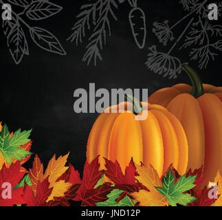 Chalkboard with autumn leaves and two pumpkins Stock Vector