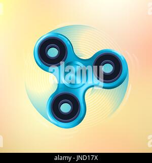 Hand fidget spinner toy - Anti-stress and relaxation. blue realistic metallic spinner rotation on light blur background. 3d style vector. Stock Vector