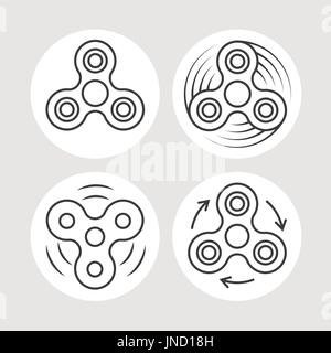 Fidget spinner line vector icons set. Vector collection of hand spinner modern concept signs in thin line style in circles on light grey background Stock Vector