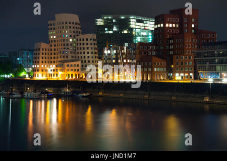 Dusseldorf zollhof skyline at night Stock Photo