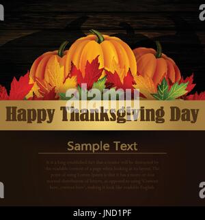 Happy Thanksgiving day background, The vector illustration of pumpkins isolated onwooden texture, maple leafs. It is autumn. It is Thanksgiving day wi Stock Vector