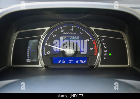 Warsaw, Poland - July 26, 2014: Dashboard of Honda Civic Hybrid car produced in 2009, equipped with Integrated Motor Assist system. IMA is Honda's hyb Stock Photo