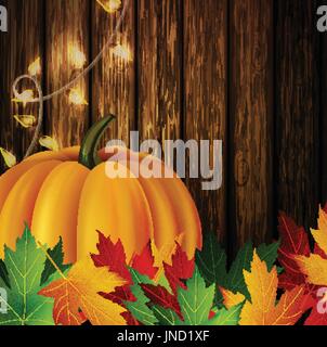 Autumn leaves and pumpkin on wooden texture Stock Vector