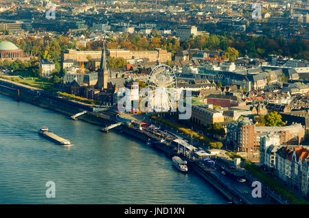 Panorama of Dusseldorf old town; Picturesque view on Dusseldorf city from television tower; Retro filter Stock Photo